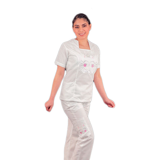Filipina De Enfermería Para Dama Manga Corta Meow Bordado Gatito