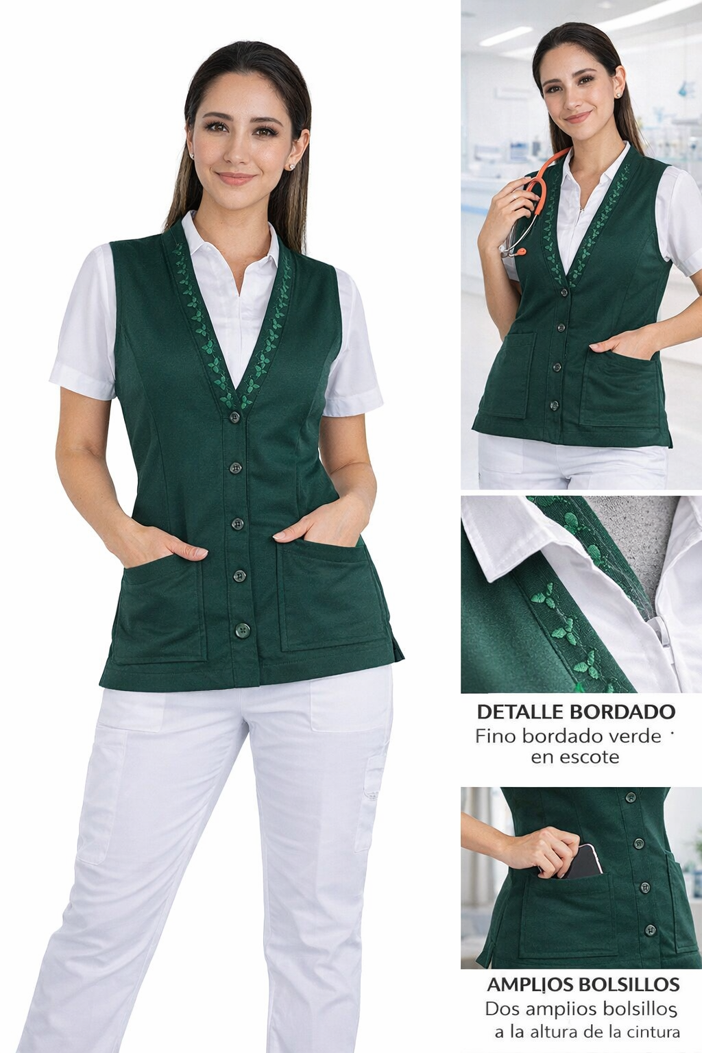 Chaleco Médico Enfermera Dama Clínico Uniforme Blanco Belgica AMB